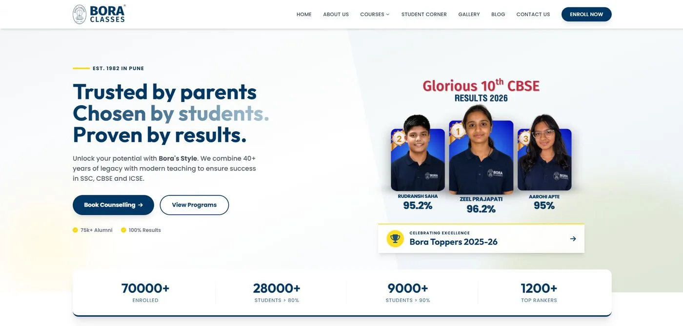 Bora Classes website homepage with the 2026 CBSE toppers