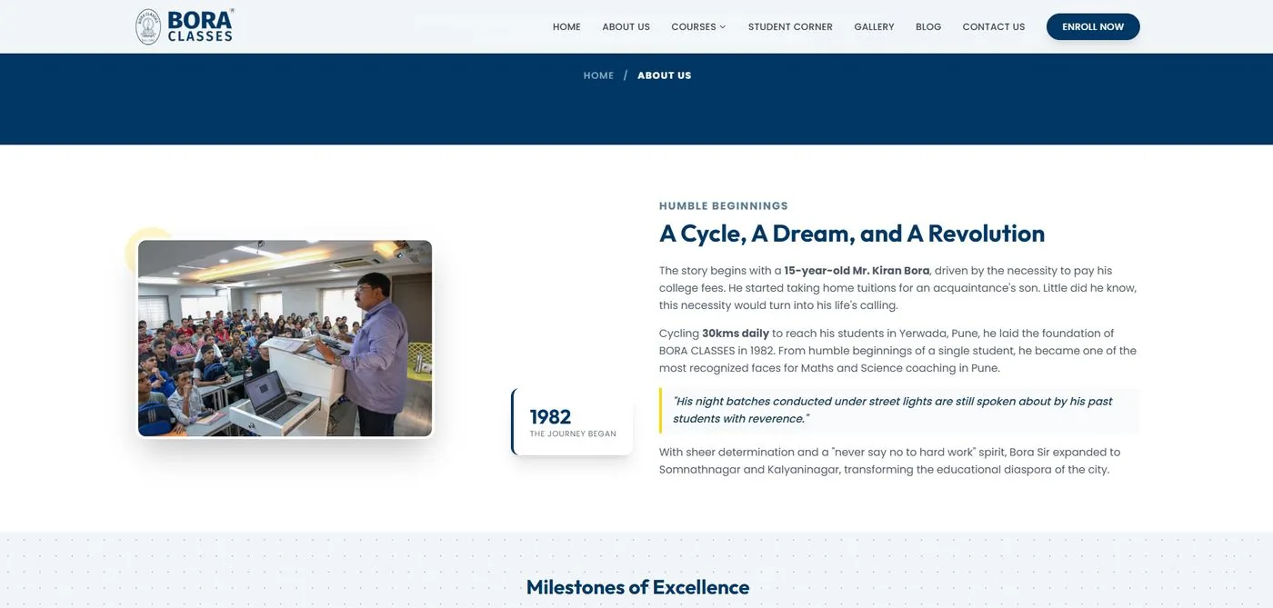 Bora Classes About Us page telling the founder's story from 1982