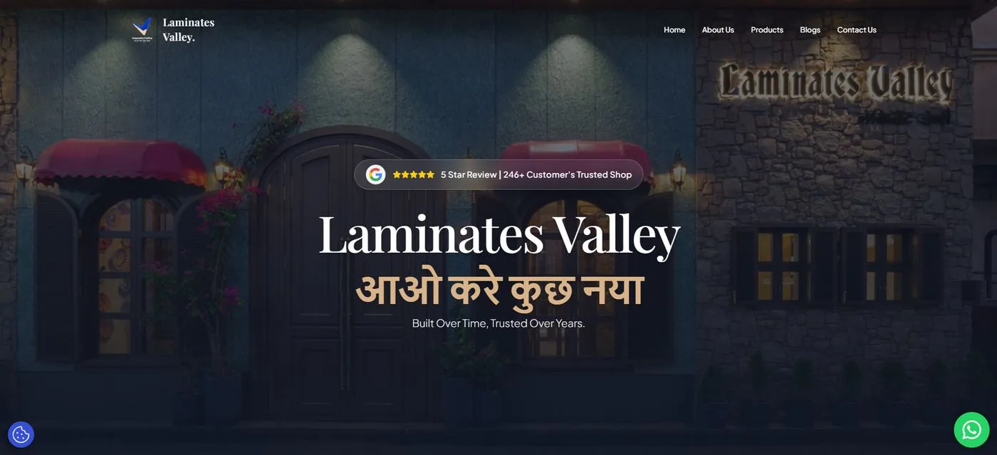 Laminates Valley website homepage with the storefront and tagline