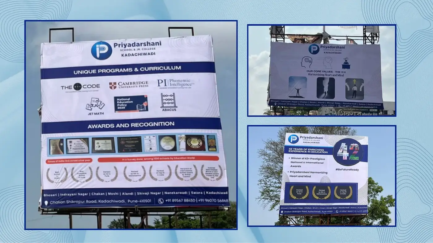 Priyadarshani School admission hoardings showing unique programs, awards and recognition