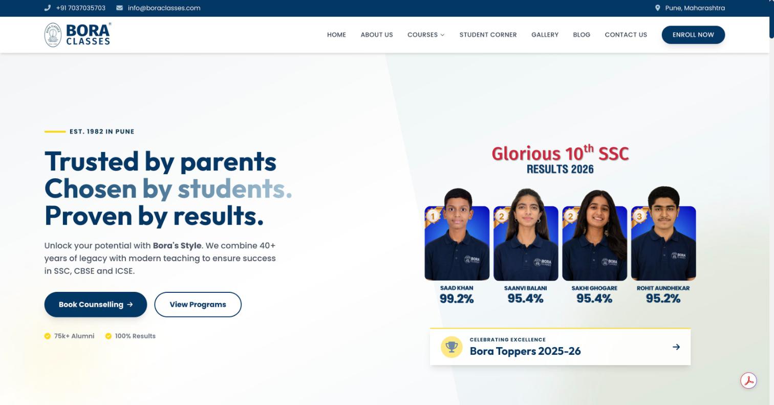 Bora Classes website home page, built by Clicks and Co.