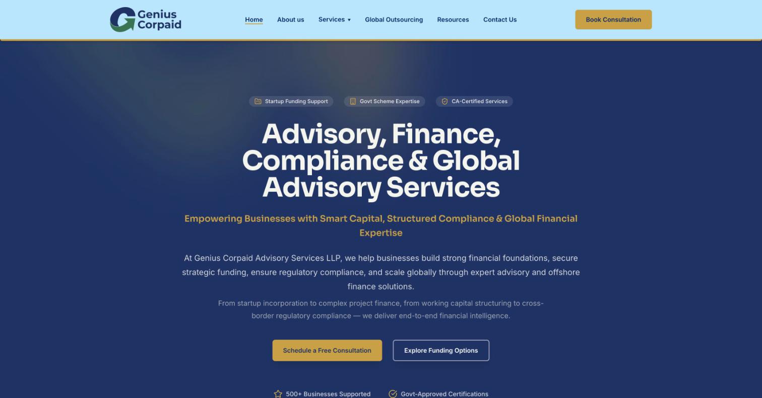 Genius Corpaid website home page, built by Clicks and Co.