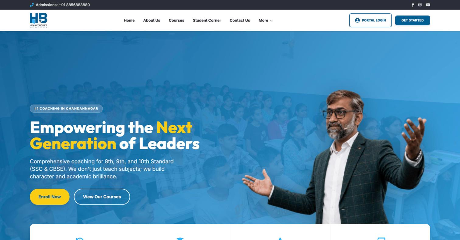 Hemant Bora’s Academy website home page, built by Clicks and Co.